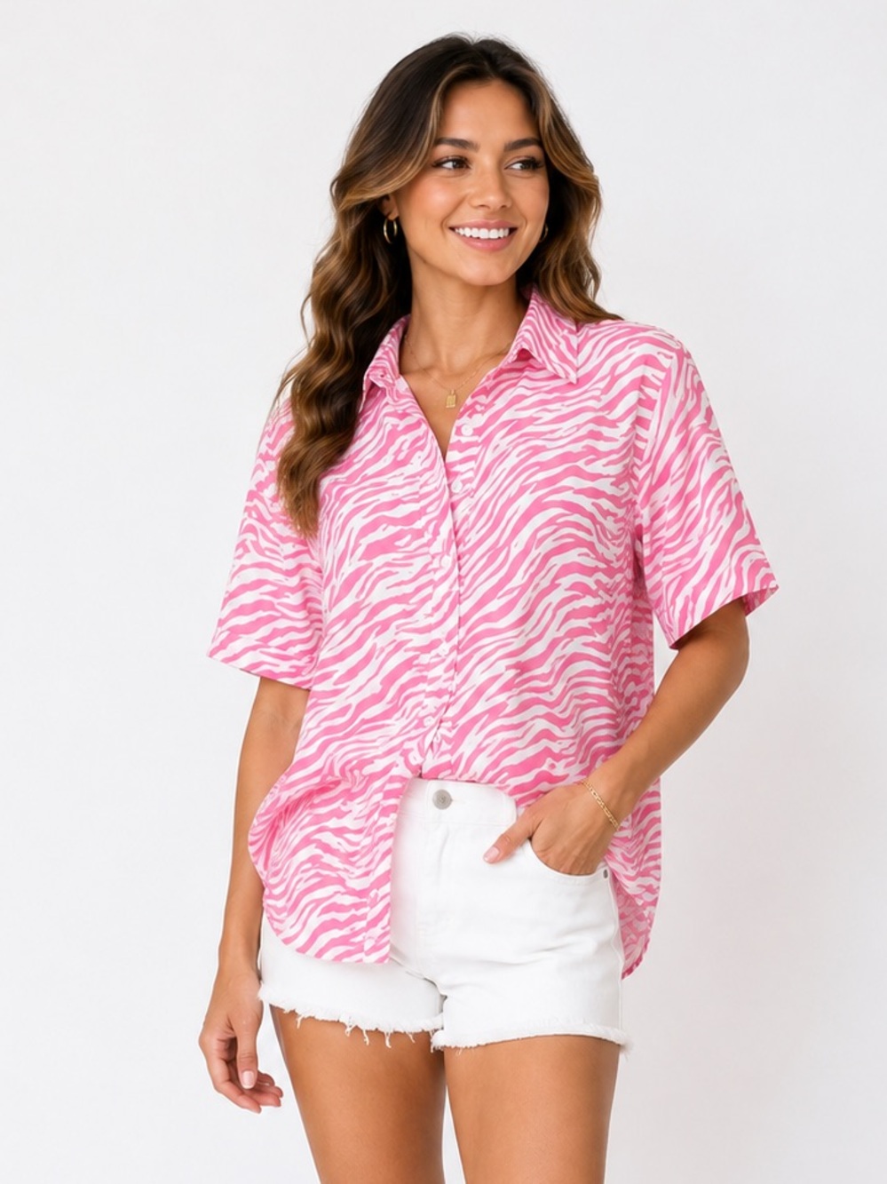 Princess Polly Ziggy Shirt Pink Womens Size 4 Button Up Top Zebra Tiger Stripe